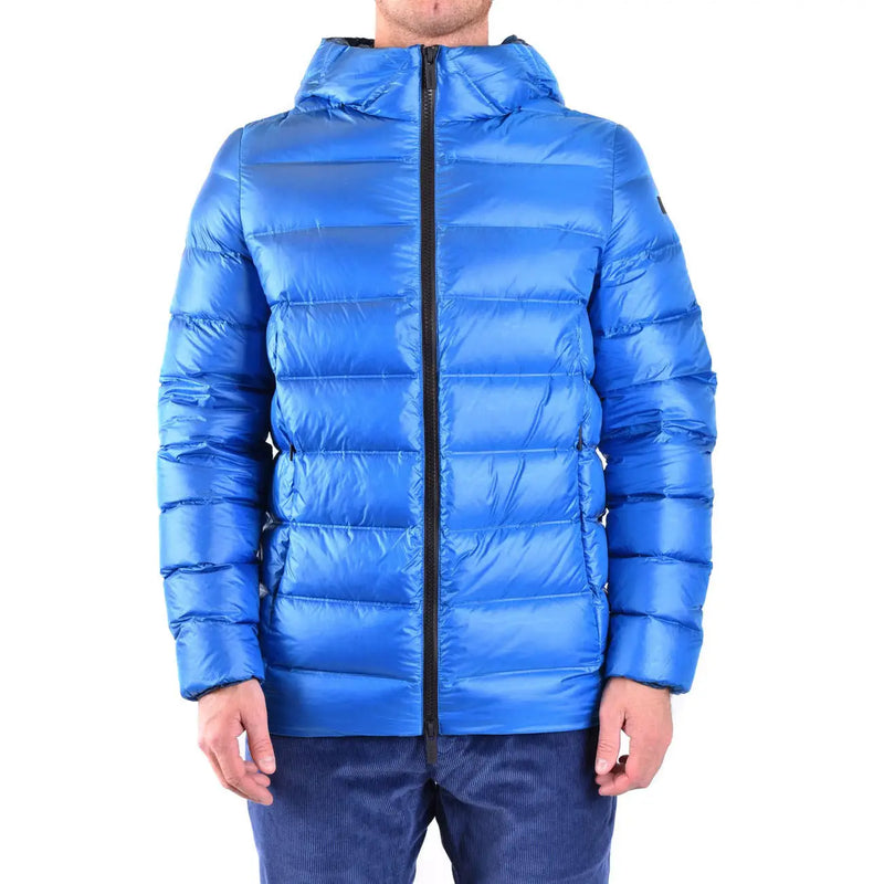 Vibrant blue rrd men jacket long hooded polyamide puffer with black zipper for fall winter use