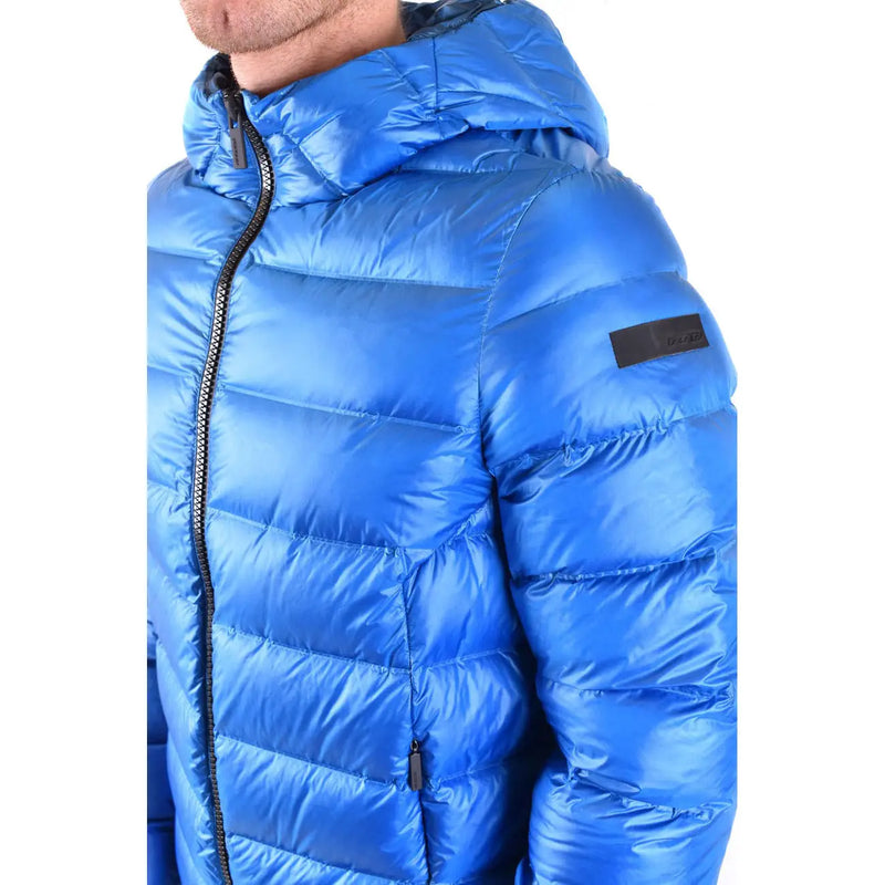 Rrd men jacket blue long hooded polyamide quilted puffer jacket with black zipper accents for fall winter