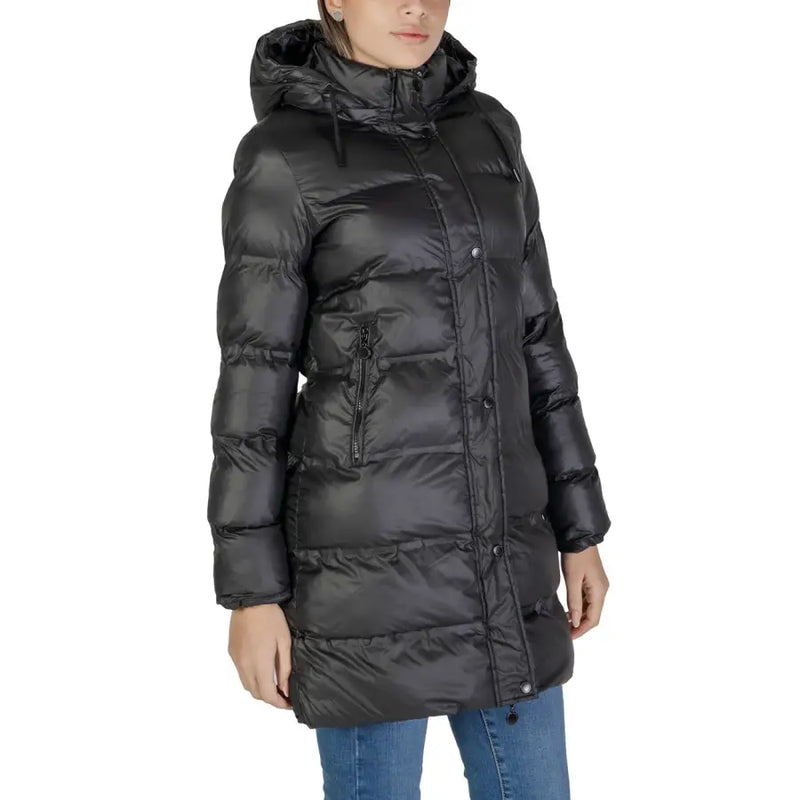 Sandro Ferrone black turtleneck puffer coat for women with hood and quilted design for cold weather use