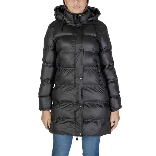 Sandro Ferrone black puffer coat with hood and quilted design for women in a turtleneck style jacket
