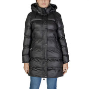 Sandro Ferrone black puffer coat with hood and quilted design for women in a turtleneck style jacket