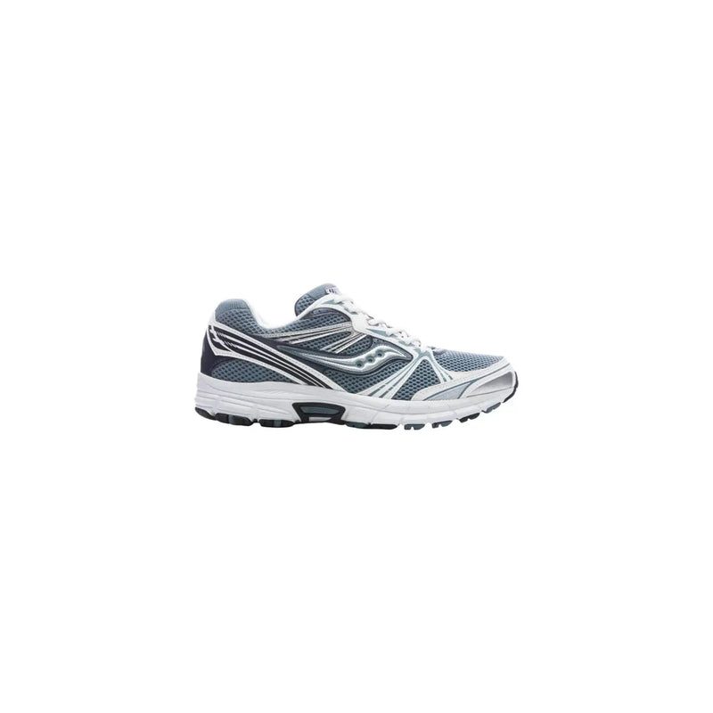 Gray and white saucony men blue synthetic sneakers grid legacy running shoe with mesh upper and black accents
