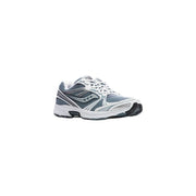 Gray and white Saucony men synthetic running shoe with mesh upper and black accents for athletic use