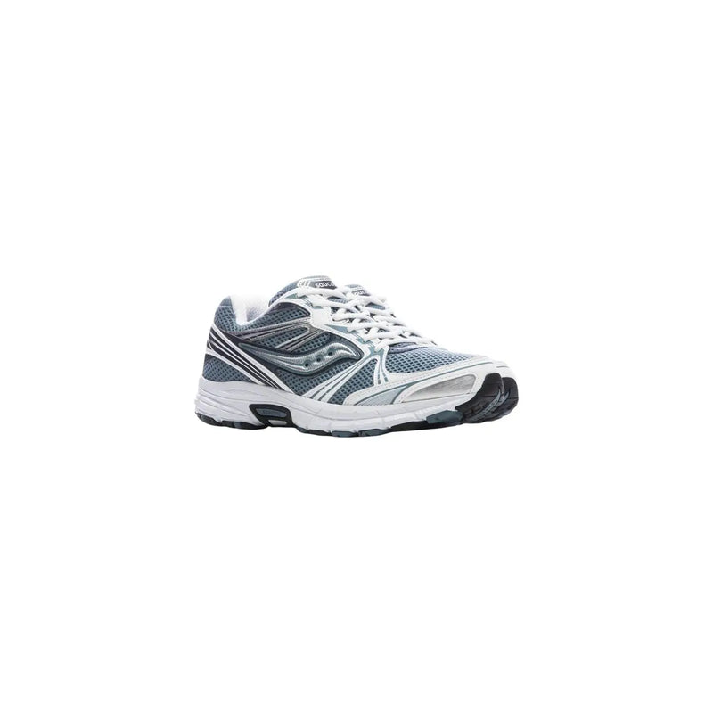 Gray and white Saucony men synthetic running shoe with mesh upper and black accents for athletic use