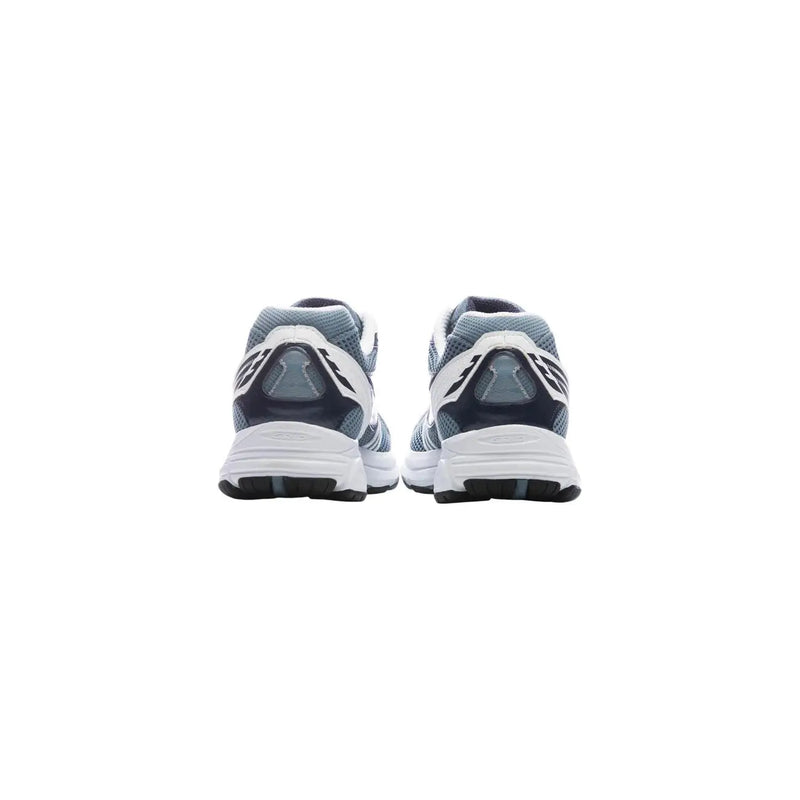 Saucony men blue synthetic sneakers with gray and white mesh upper and black heel tab accents visible in the back view