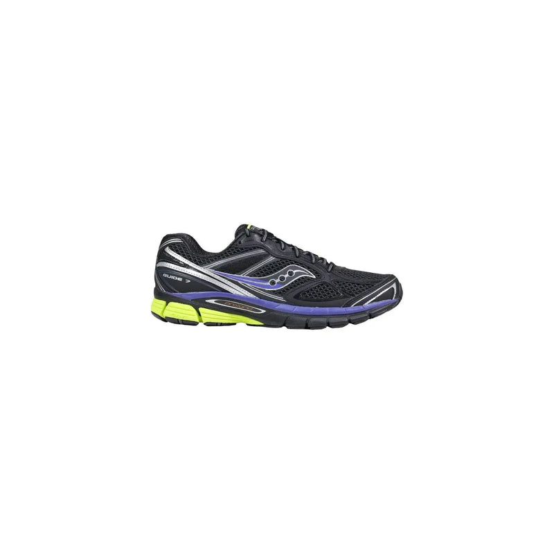 Noir Saucony ProGrid Guide 7 chaussure de course avec des accents jaune fluo et violet en matière textile pour femme