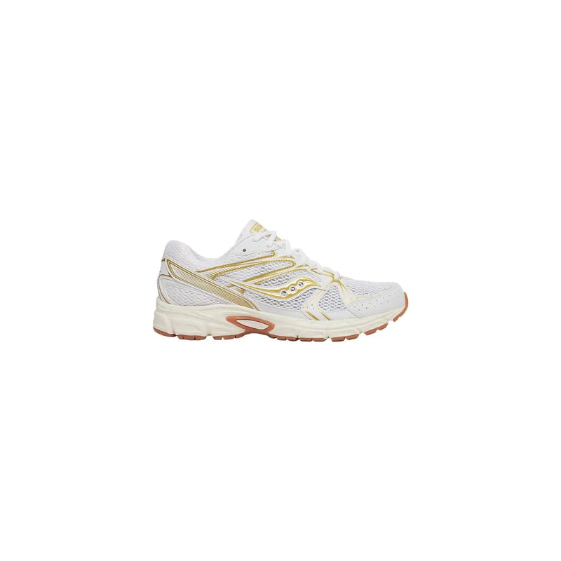 Saucony women leather running shoe in white with gold accents and tan outsole from the ride millennium collection