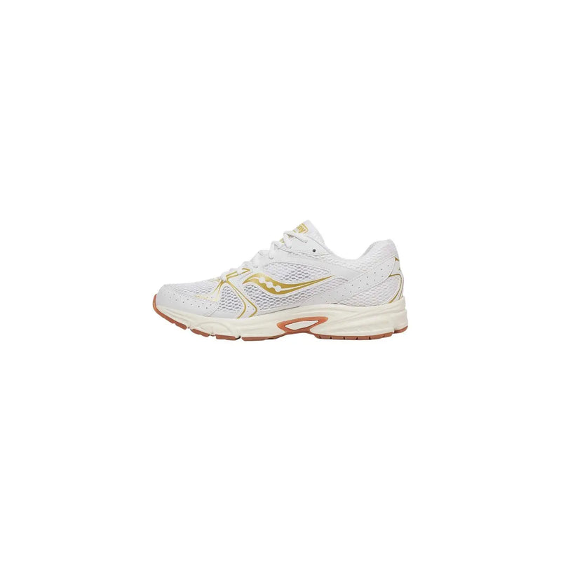 White Saucony women leather running sneaker with gold and coral accents from the Ride Millennium collection