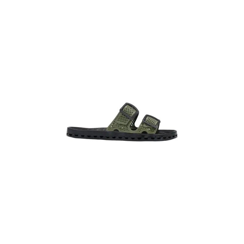 Sensi men slippers la jolla urban black pvc open toe olive green perforated slide sandals with black rubber soles and adjustable straps