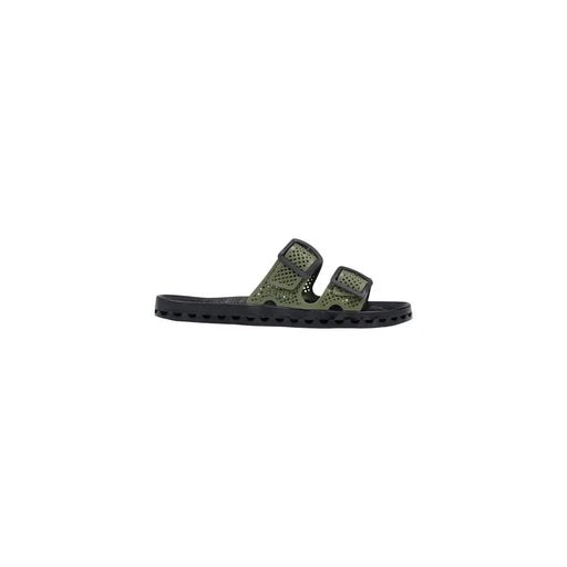 Sensi men slippers la jolla urban black pvc open toe olive green perforated slide sandals with black rubber soles and adjustable straps