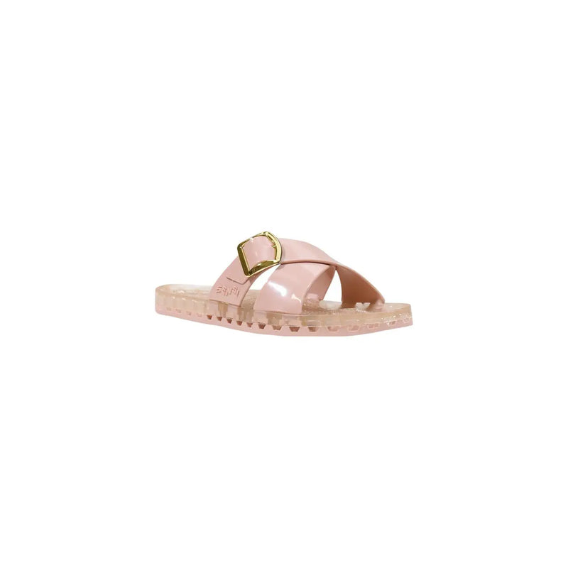 Pink translucent pvc jelly slide sandal with gold-tone buckle and cross-over straps from sensi women slippers