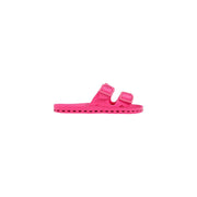 Bright pink rubber slide sandal with two adjustable buckle straps for women by sensi in grey open toe la jolla style