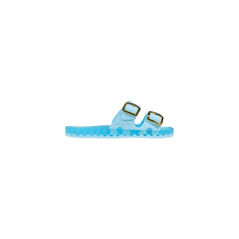 Transparent light blue Sensi women PVC slippers featuring two gold-tone buckle straps with an open toe design