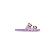 Lavender translucent rubber slide sandal with gold-tone buckle straps for women in pvc light blue open toe design