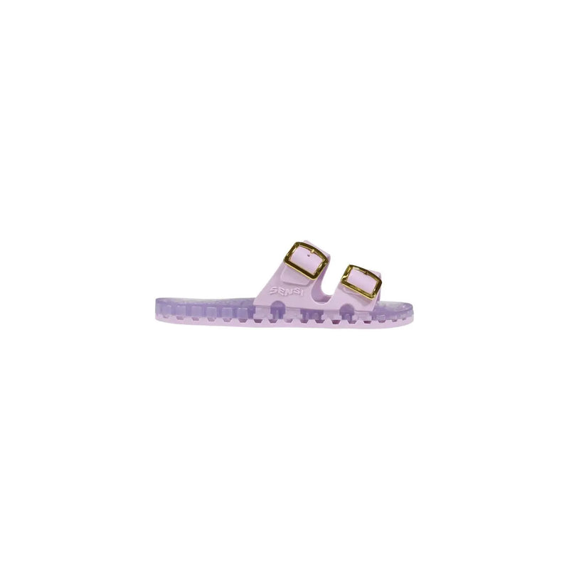 Lavender translucent rubber slide sandal with gold-tone buckle straps for women in pvc light blue open toe design