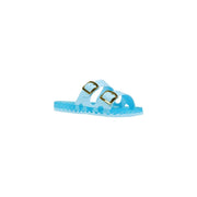 Light blue translucent pvc slippers with open toe and two gold-tone buckle straps by Sensi women
