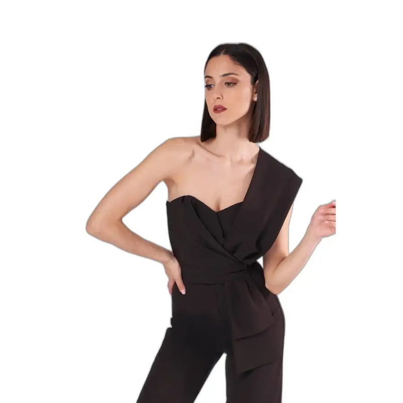 Black one-shoulder jumpsuit with draped bodice and matching belt detail from Silence Women featuring a sweetheart neckline