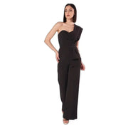 Black one-shoulder jumpsuit with sweetheart neckline draped bodice and wide-leg pants by silence women
