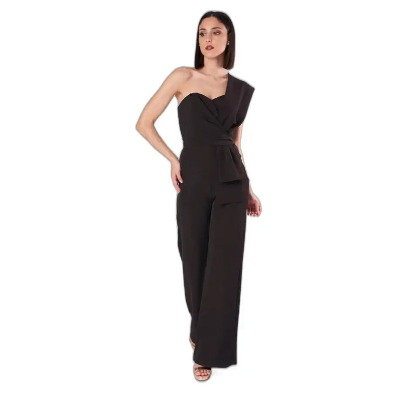 Black one-shoulder jumpsuit with sweetheart neckline draped bodice and wide-leg pants by silence women