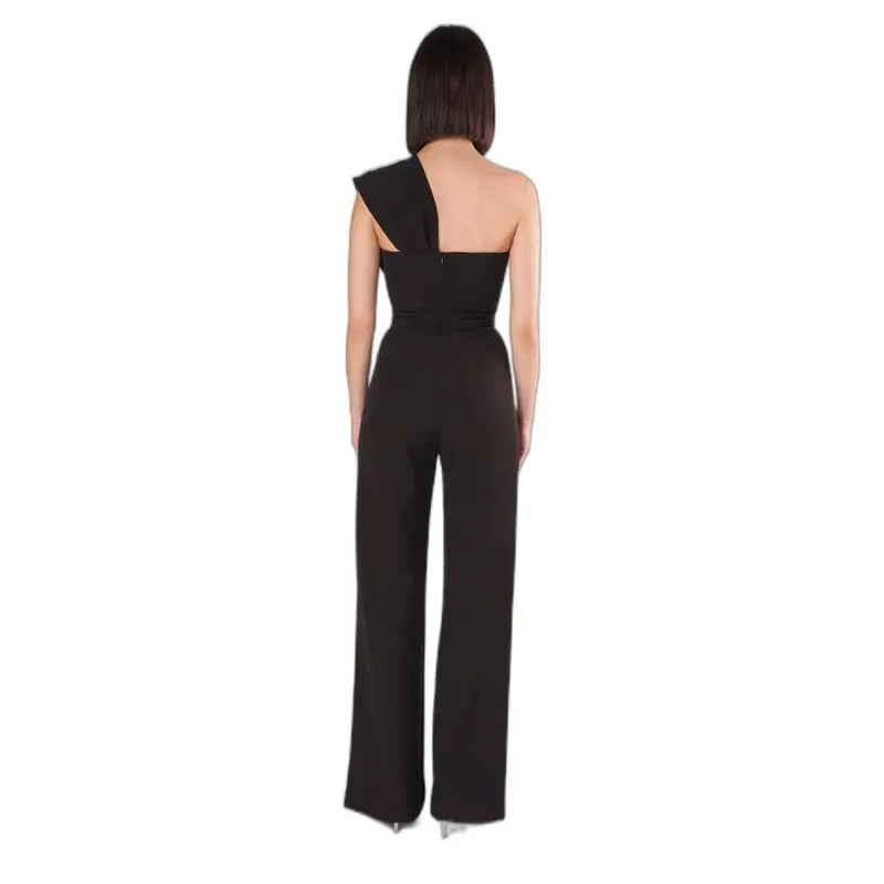 Black one-shoulder jumpsuit with sweetheart neckline fitted waist and wide-leg pants from Silence Women collection