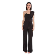 Black one-shoulder jumpsuit with draped bodice and wide-leg pants from Silence Women featuring a sweetheart neckline