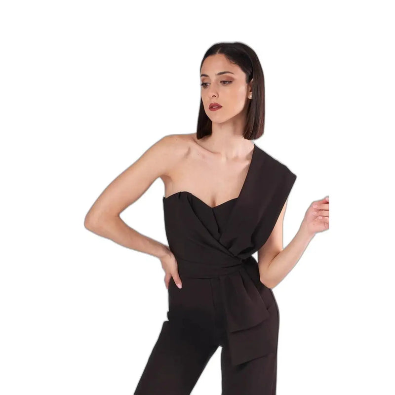 Black one-shoulder jumpsuit with draped bodice and matching belt detail from Silence Women featuring a sweetheart neckline