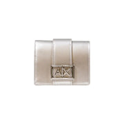 Silver-toned shiny wallet with buckle shown in Black Leather Wallet with Strap and Silver Logo