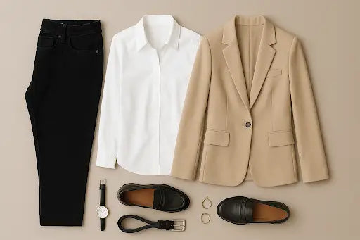Présentation à plat d'une tenue professionnelle décontractée comprenant un jean noir, une chemise blanche et un blazer beige - inspiration élégante pour une tenue de bureau.