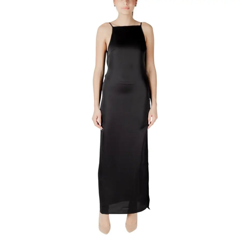 Sleeveless black satin maxi dress with thin spaghetti straps and square neckline for elegant evening wear
