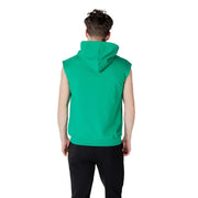 Green sleeveless hoodie with white drawstrings displayed in a product listing