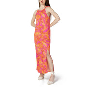 A vibrant pink and orange tropical leaf print sleeveless lace dress in 100% viscose for spring and summer