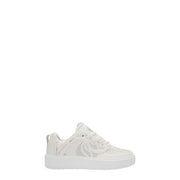Stella McCartney white leather slip on sneakers for women with gray abstract cutout and thick platform sole