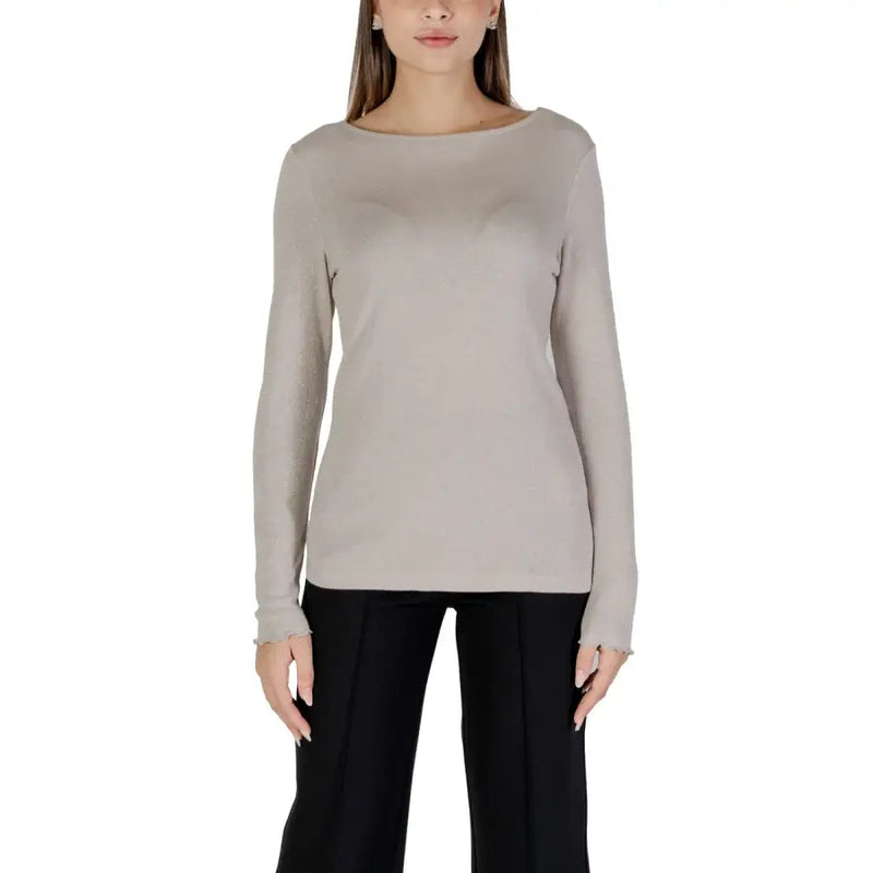 Light grey long-sleeve boat-neck knit sweater with lettuce-edge cuffs for women