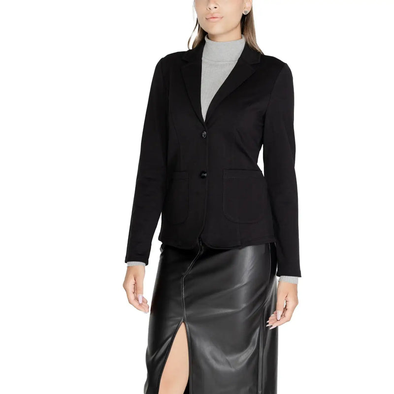 Street One women black long viscose blend blazer with sleek tailored fit and two front buttons