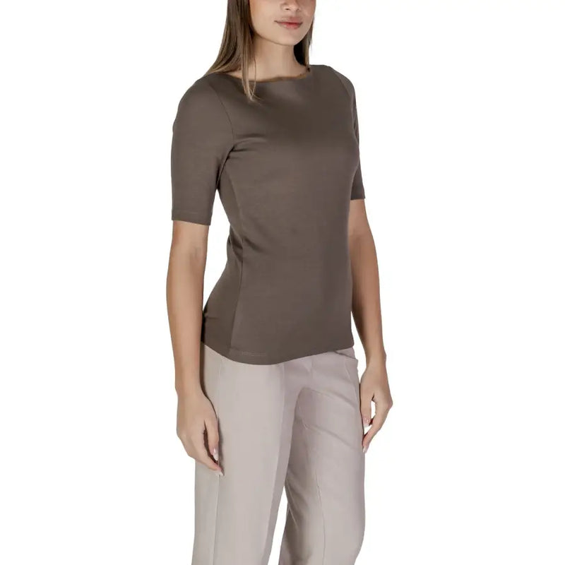 Street One women brown short-sleeved slip on t shirt with rounded neckline and tailored fit in olive green