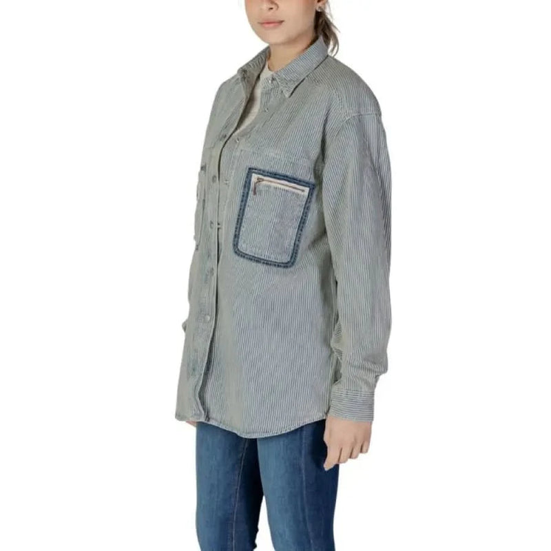 Replay Women Pinstripe Shirt in Blue featuring contrast pocket detailing for Spring Summer