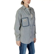 Striped blue work shirt with patch pockets and contrasting trim for women by Replay