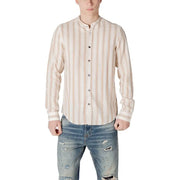 Beige striped long-sleeved shirt by Gianni Lupo for men, featuring button closure