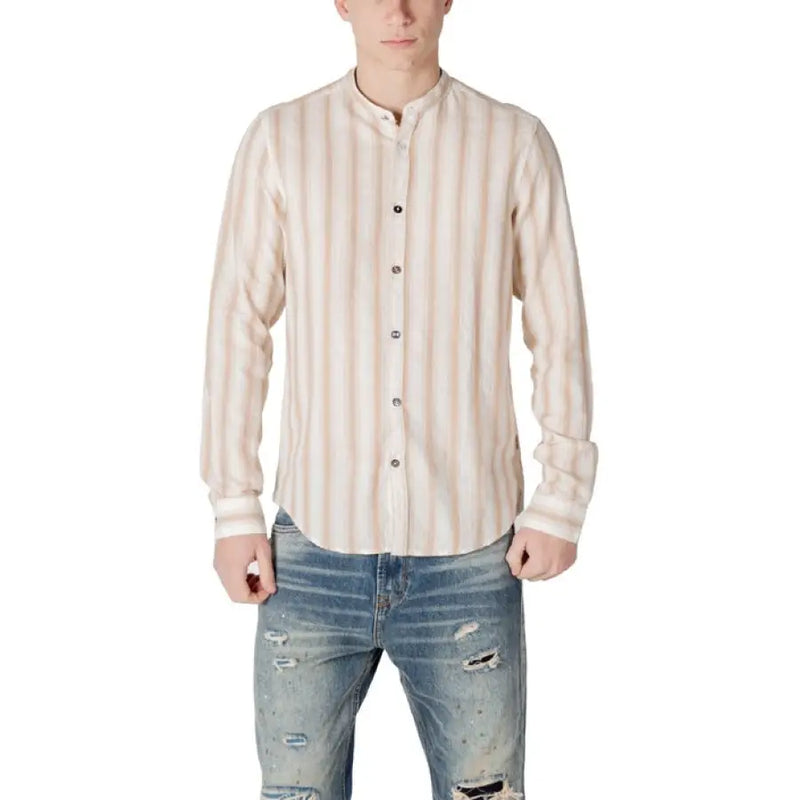 Beige striped long-sleeved shirt by Gianni Lupo for men, featuring button closure