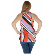 Womens colorful striped sleeveless wrap top displayed on a mannequin