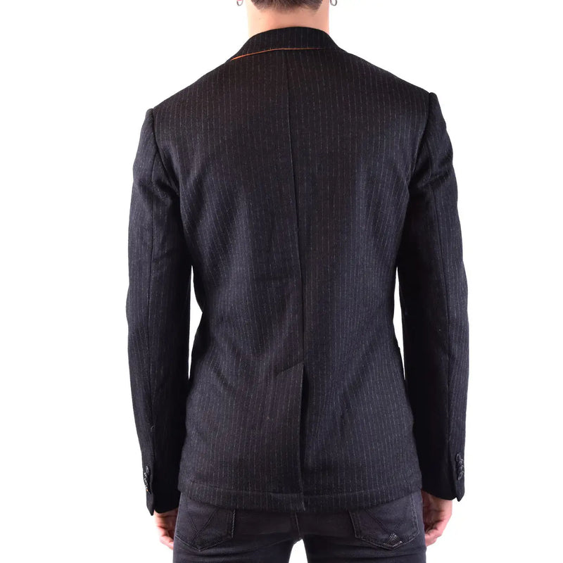 Sun68 Schwarzer Herrenblazer aus Wollmischung mit schwarzem Nadelstreifenmuster und dezentem orangefarbenem Kragenbesatz.