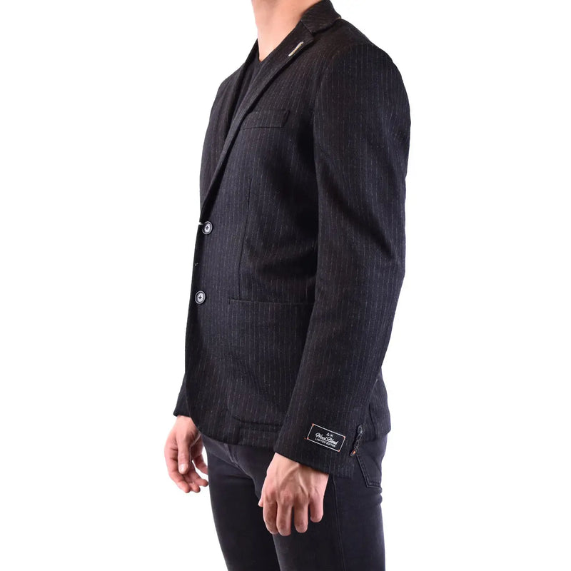 Sun68 men blazer black wool blend with subtle pinstripe vertical stripes and sleek tailored fit lapel collar jacket