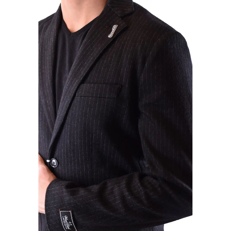 Sun68 men blazer black wool blend with subtle vertical pinstripes and branded patch on lapel collar jacket b43017