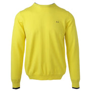 4k yellow crewneck sweater with black trim and logo.