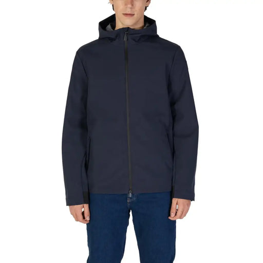 Suns men blue long hooded zip blazer in navy blue with sleek modern design and subtle black zipper accents for fall winter