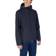 Dark navy long hooded zip blazer with sleek design and subtle black zipper accents for fall and winter use
