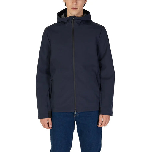 Suns men blue long hooded zip blazer in navy blue with sleek modern design and subtle black zipper accents for fall winter