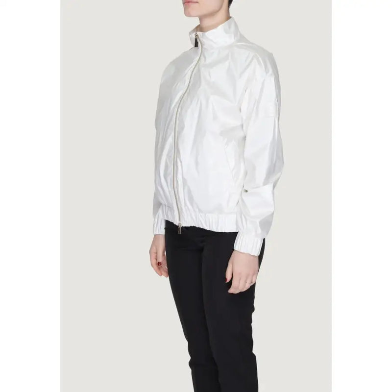 White nylon Suns women bomber jacket with high collar polyester material zipper closure and front pockets