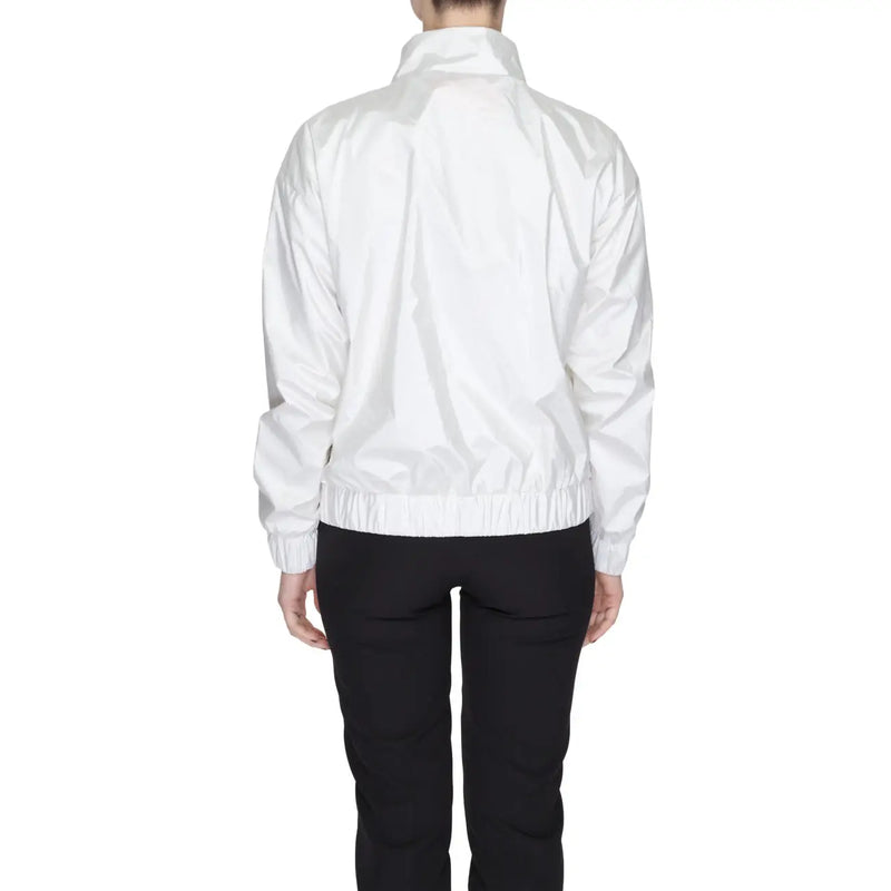 White nylon womens bomber jacket with high collar elasticized cuffs zip and front pockets polyester material