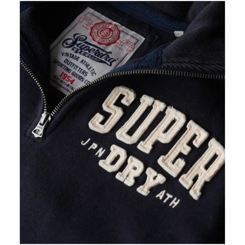 Navy blue Superdry long sleeve men’s cotton sweatshirt with quarter-zip and cream embroidery